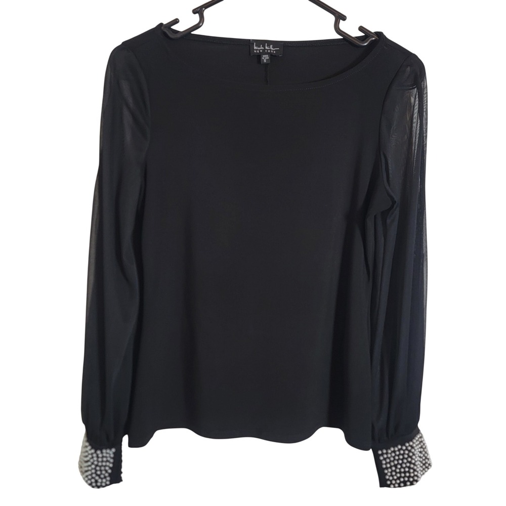 Nicole Miller New York Black Sheer Mesh Sleeve Pearl Cuff Evening Blouse‎ Small